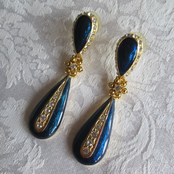 VINTAGE STAR BRIGHT - ROYAL and CRYSTAL TEARDROP EARRINGS - NWOT - Picture 14 of 15